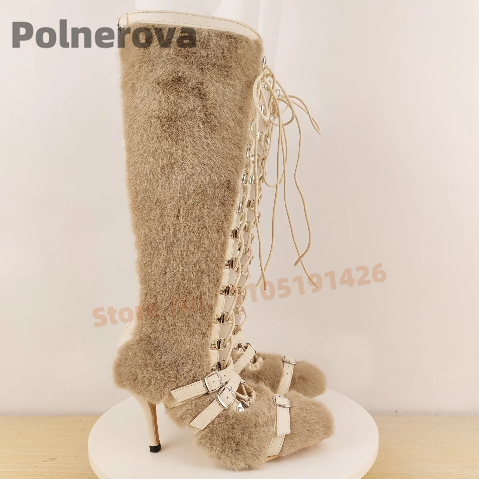 Kniehoge Voorkant Kruis Gebonden Bont Laarzen Vrouwen Uitsparing Holle Gesp Harige Herfst Winter Mode Hoge Hak Catwalk Party Schoenen