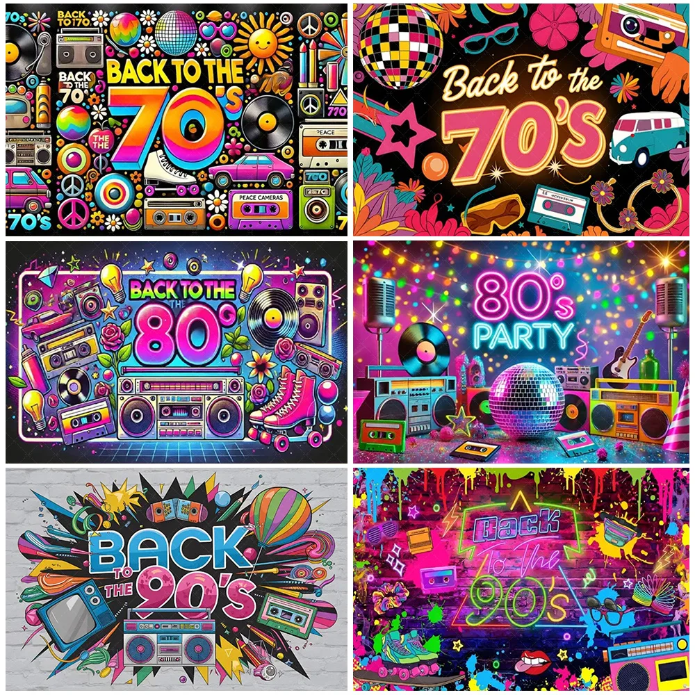 

Retro Back to the 70s 80s 90s Backdrop Music Party Decorations Neon Light Graffiti Tapes Disco Background Photo Studio Supplies