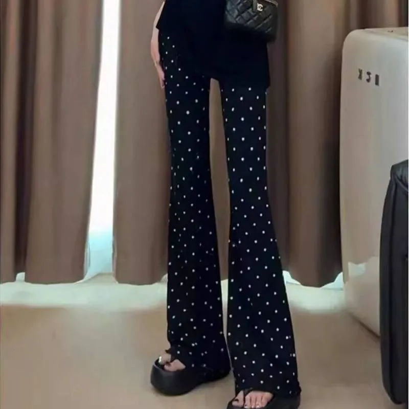Bla 水玉プリント ハイウエスト 薄手 カジュアルパンツ レディース 春夏 着痩せ マイクロフレア 小さいサイズ ロングパンツ