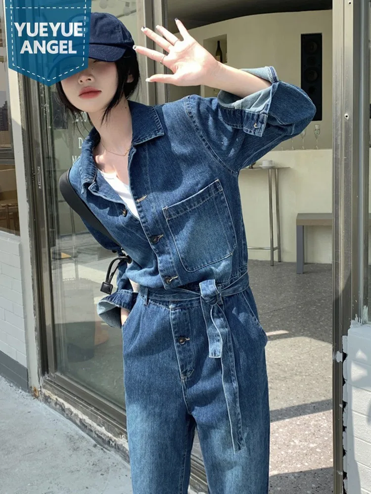 

Spring Women Long Sleeve One Piece Denim Jumpsuit Boyfriend Style Workwear Cargo Pants Belted Vintage Casual Streetwear Jumpsuit