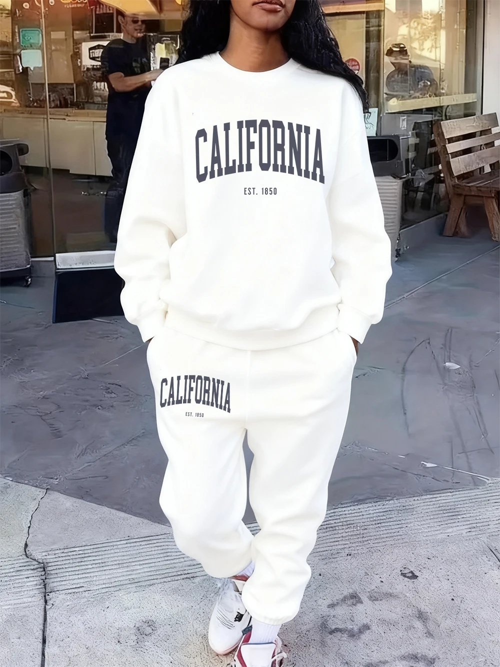 2 Pcs Hoodies Set Women California 1850 Letter Print Sweatpants Fleece Pocket Sweatshirt Jogging Outfits Winter Loose Clothes