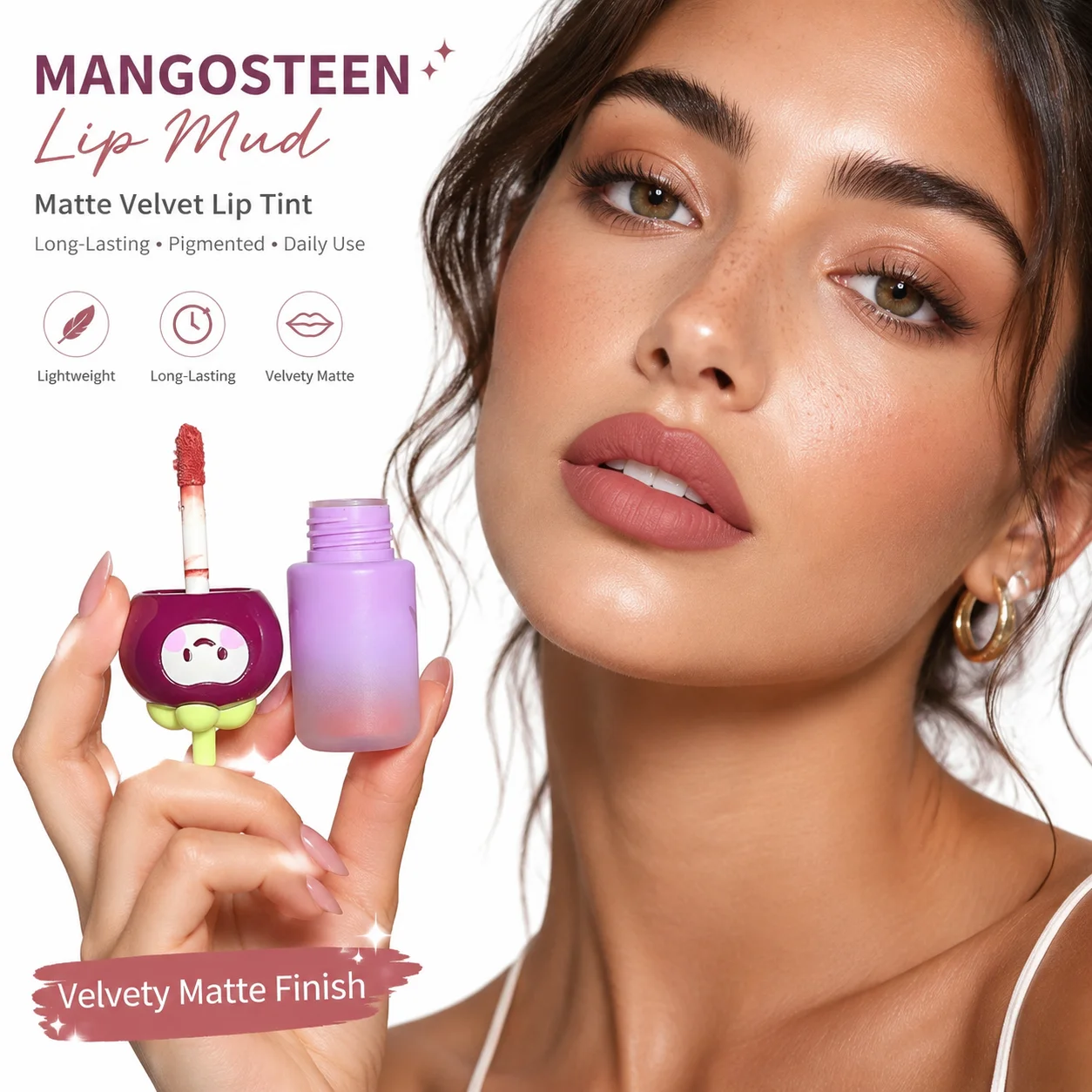 Sweet Mirror Lip Gloss, Cute Mangosteen Cartoon Top, Gradient Frosted Purple‑Pink Bottle, Hydrating Glossy Daily Lip Makeup
