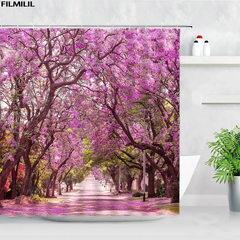 Blooming Pink Gray Forest Flowers Shower Curtain Cherry Blossoms Park Spring Floral Trees Road Landscape Scenic Bathroom Decor