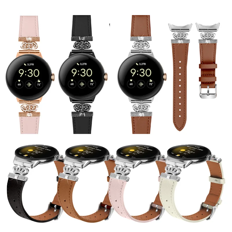 

For Google Pixel Watch Leather bands Women Men Watchband leather + metal crown Diamond bracelet Correa for pixel watch 2 Straps