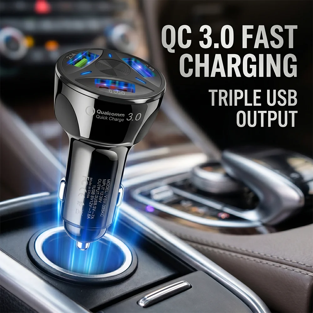 

Многопортовое автомобильное зарядное устройство с 3 USB-портами, адаптер QC 3.0 для быстрой зарядки, с LED-дисплеем напряжения, максимальный выход 7А, совместимо с автомобилями 12-32В