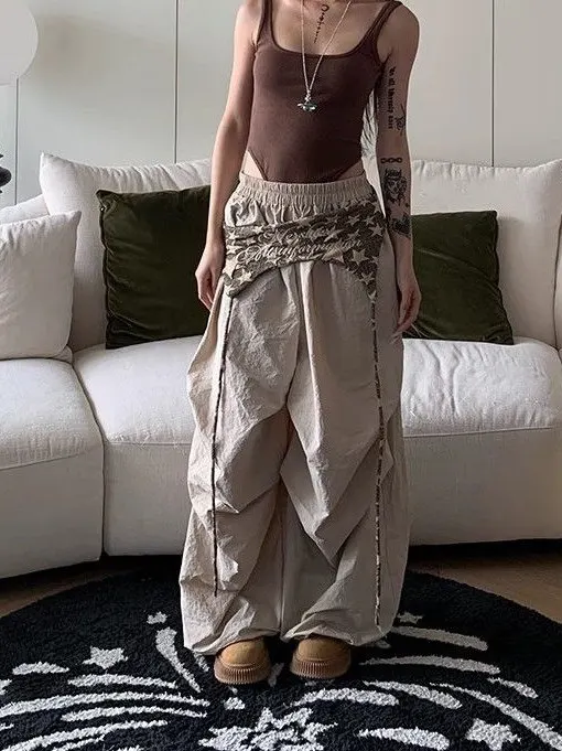 

Spring and Summer American Hot Girl Design Stitching Draping Paratrooper Pants Women's Loose Hip-Hop Pleated Wide-Leg Fashion