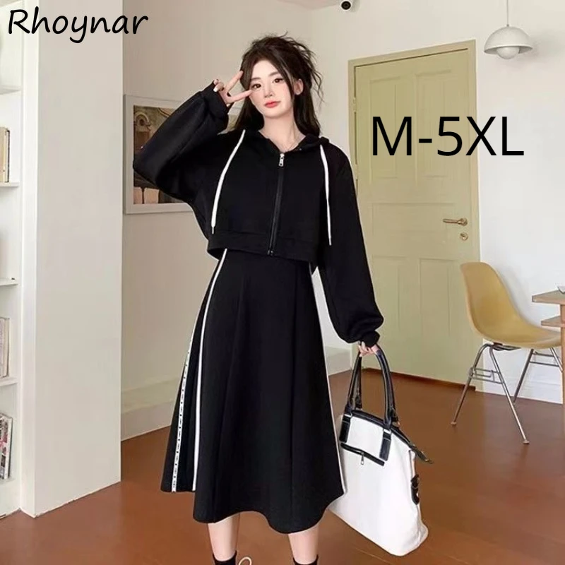 

Dress Sets Women Long Sleeve Hoodies Midi Dresses A-line Chic Leisure Ulzzang Autumn Winter M-5XL Zipper Causal Female Preppy