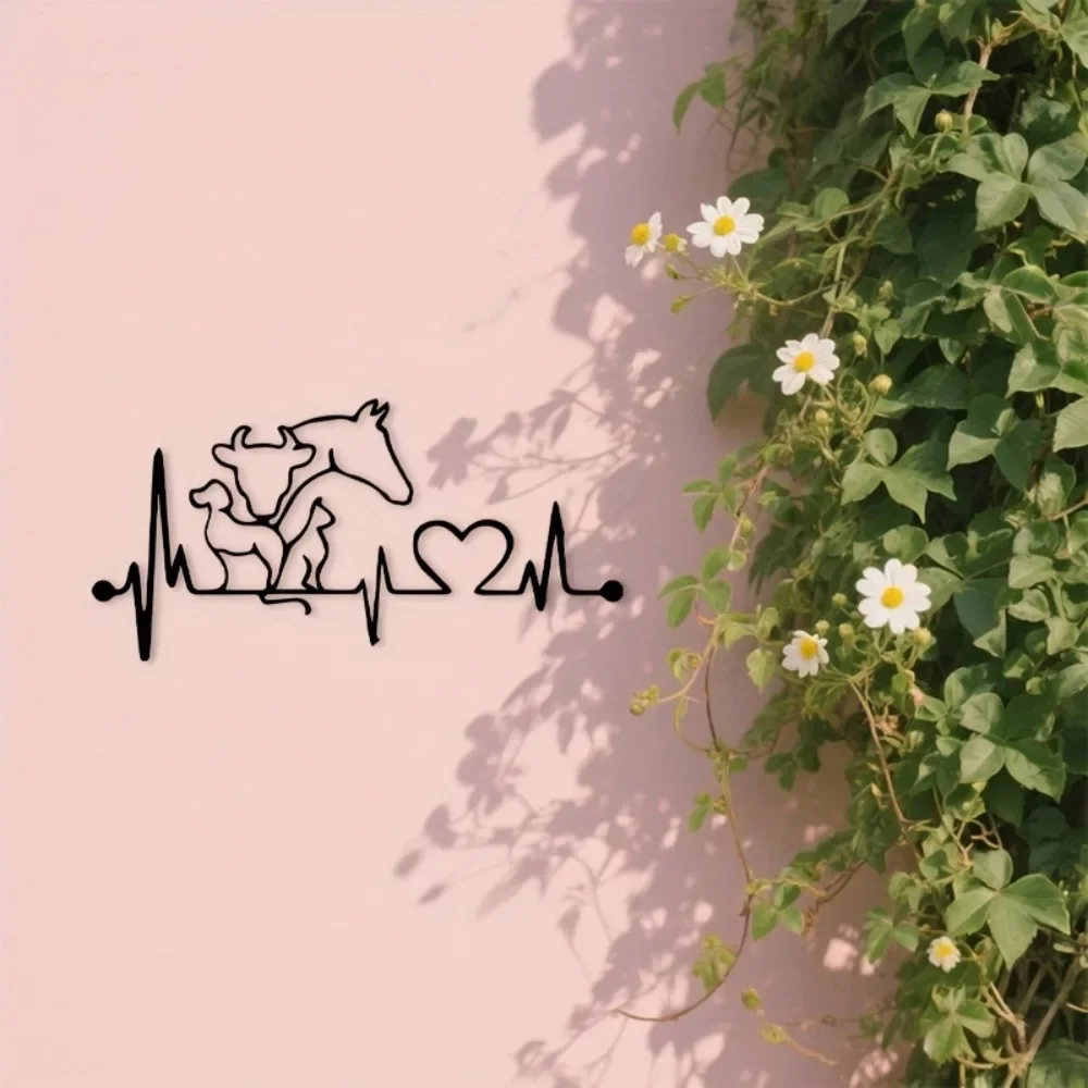 CIFBUY 2D Flat Minimalist Animal Heartbeat Metal Wall Decor, Pet Memorial Iron Plaque With Heartbeat Line, Outdoor Decor