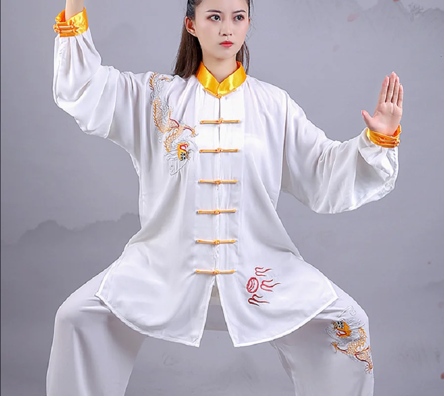 Wholesale Men Women Chinese Style Embroidered Dragon Kung Fu Suit Spring Autumn Tai Chi Martial Arts Costume Jacket Pants Sets