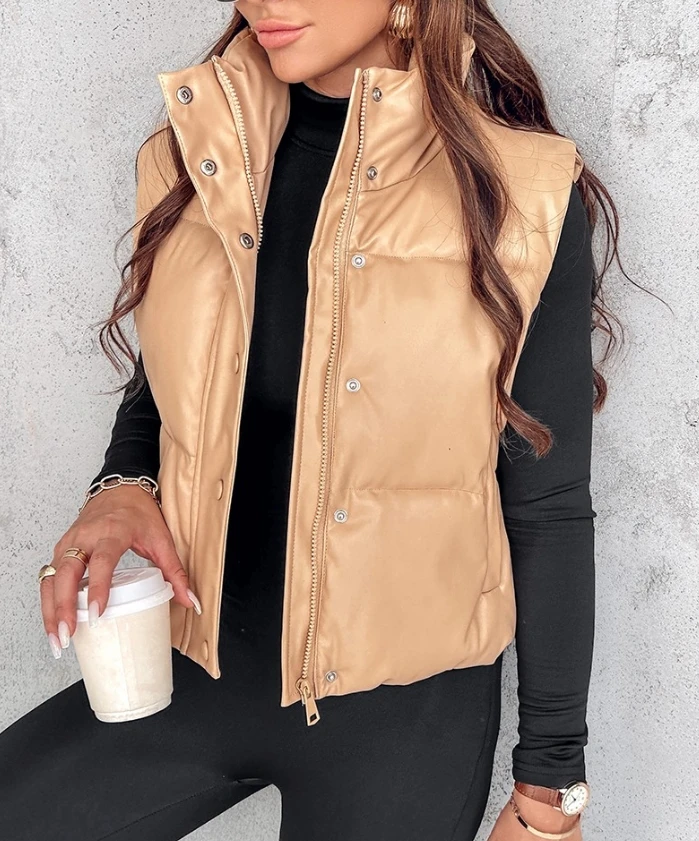 Women\'s Coat Winter Daily Casual Solid Color PU Leather Stand Collar Button Zip Up Pocket Design Sleeveless Vest Puffer Coat