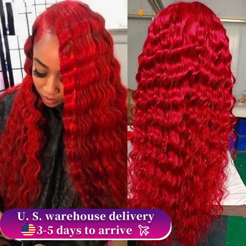 

13X4 Red Hd Lace Frontal Human Hair Wigs Red Colored Deep Wave Lace Front Wig Brazilian Curly Pre Plucked Brazilian Hair Wigs