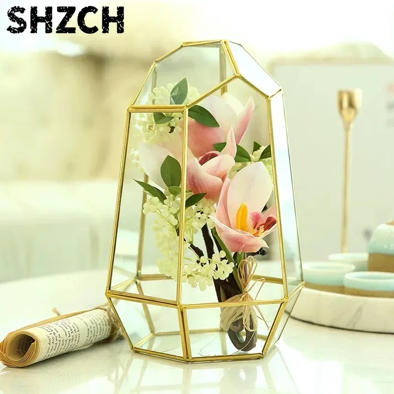 Micro Landscape Vase Six-sided Cut Glass Conservatory with Door Preserved Flowers and Moss Transparent Creative Flower Pot
