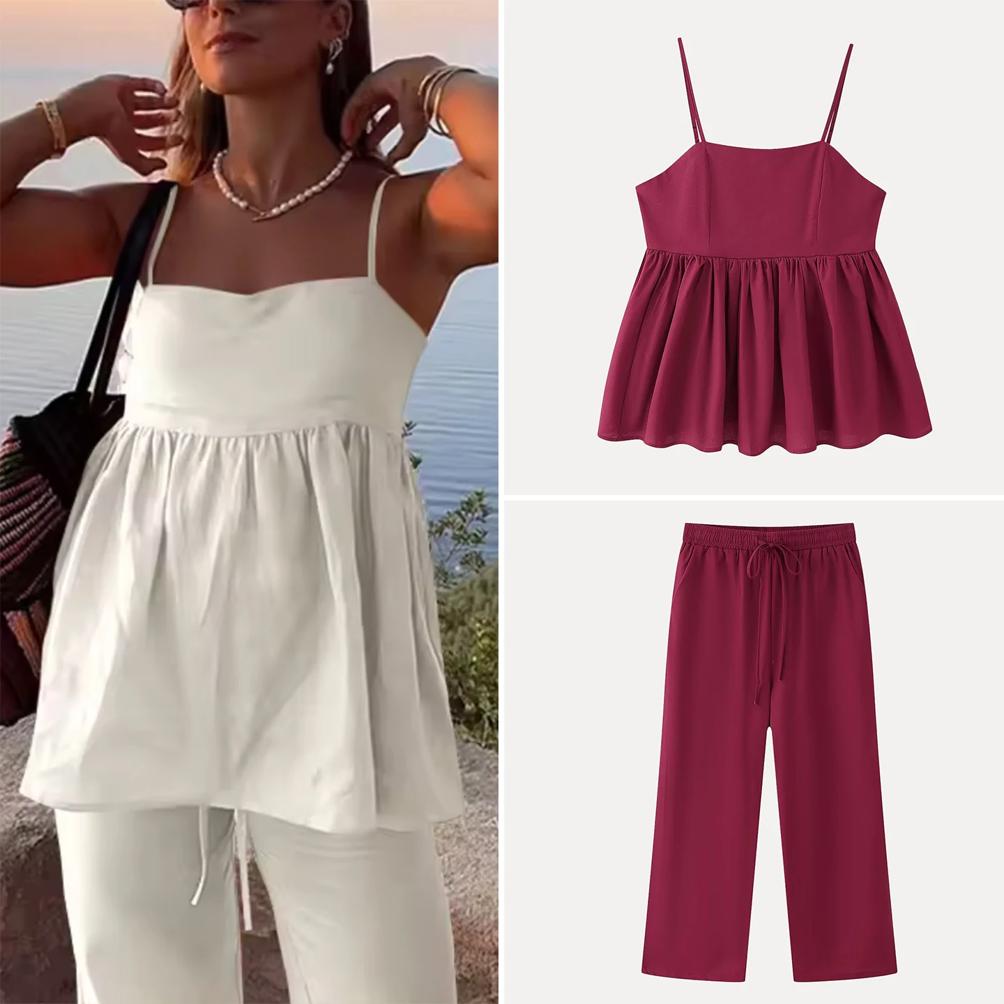 

Комплект длинных брюк Ele с высокой талией и топ на бретелях, лето 2022, новый женский костюм-двойка Faion Z, круглый Ne ort Sve