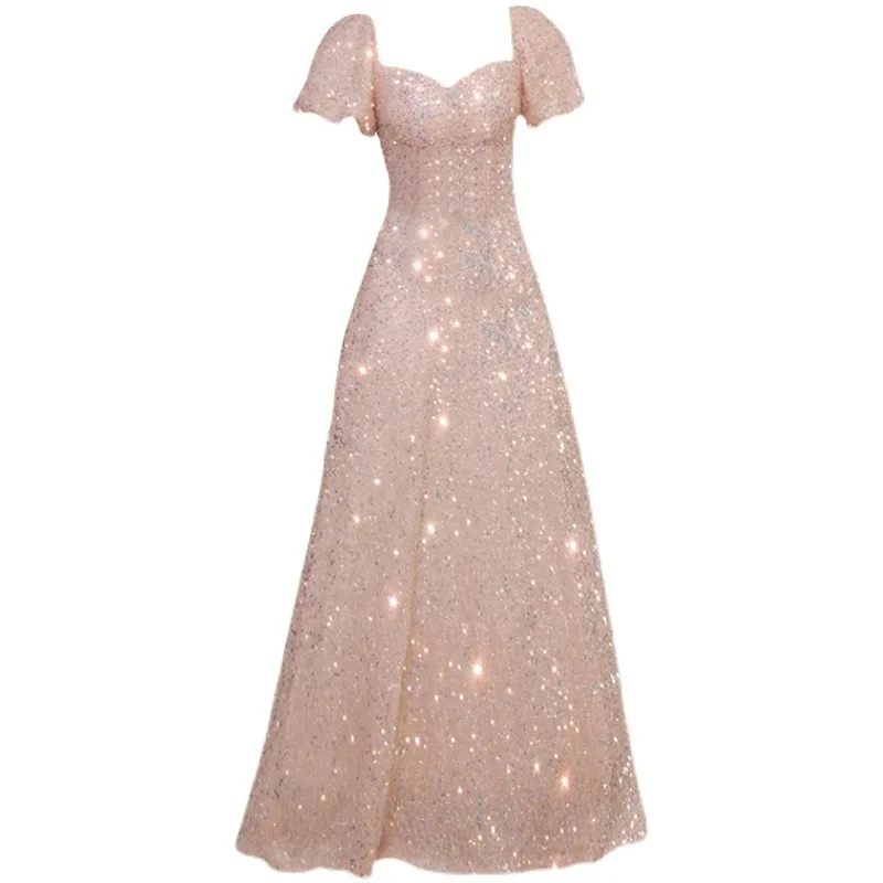 Evening dresses gala sequins Dinner dress Pink Princess Puff Sleeve Banquet dinner ball gown robe floral  L0370