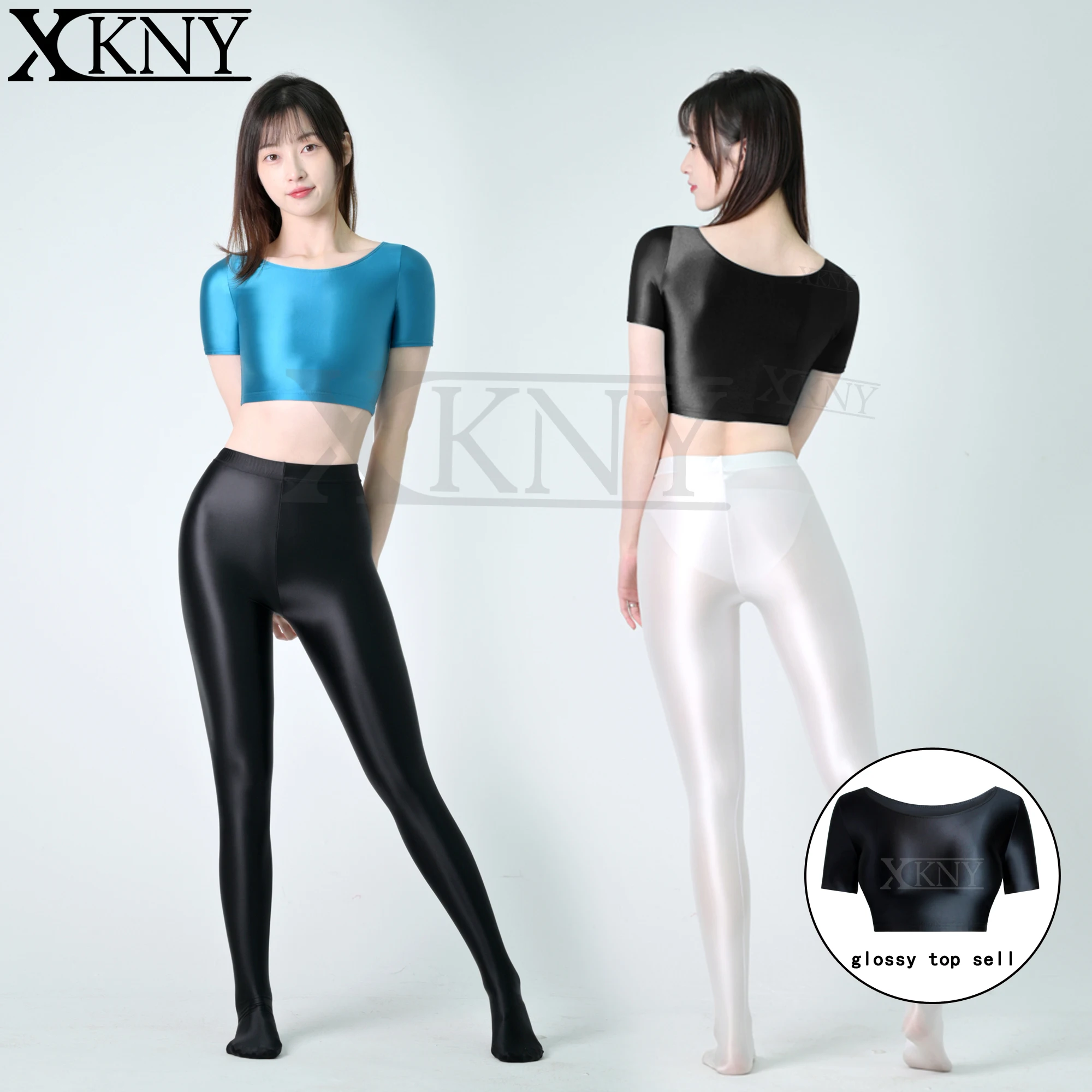 

XCKNY satin glossy top Sports Glossy Silk Skinny Yoga swim Expose the navel Thin Bodybutton short Sleeve Top