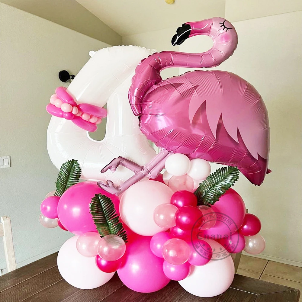 

37pcs Hawaiian Flamingo Foil Balloon 30inch White Digital Balloon 1 2 3 Year Old Girl Birthday Party Baby Shower Tropical Summer