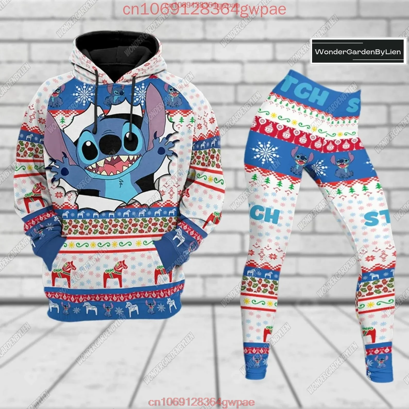 Disney Stitch Christmas Hoodie and Leggings Set Women's Stitch and Angel Hoodie Yoga Pants Sweatpants Fashion Tracksuit Set