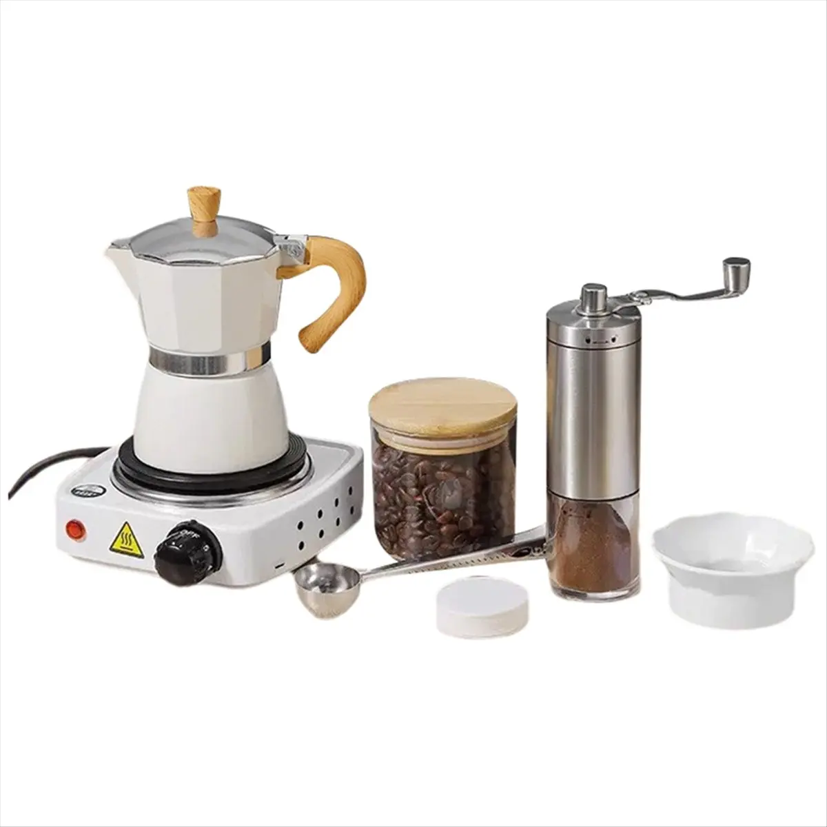 Perfect Fit Aluminum Moka Pot Set with Electric Stove Hand Grinder Moka Dispenser Classic Stovetop Espresso Coffee Maker 150ml (