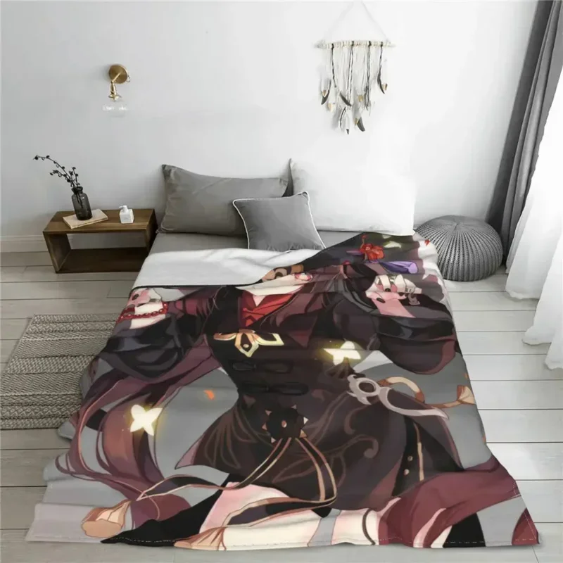 Hu Tao flanel throw blanket Genshin blow Amine blanket super soft bedspread for bedroom