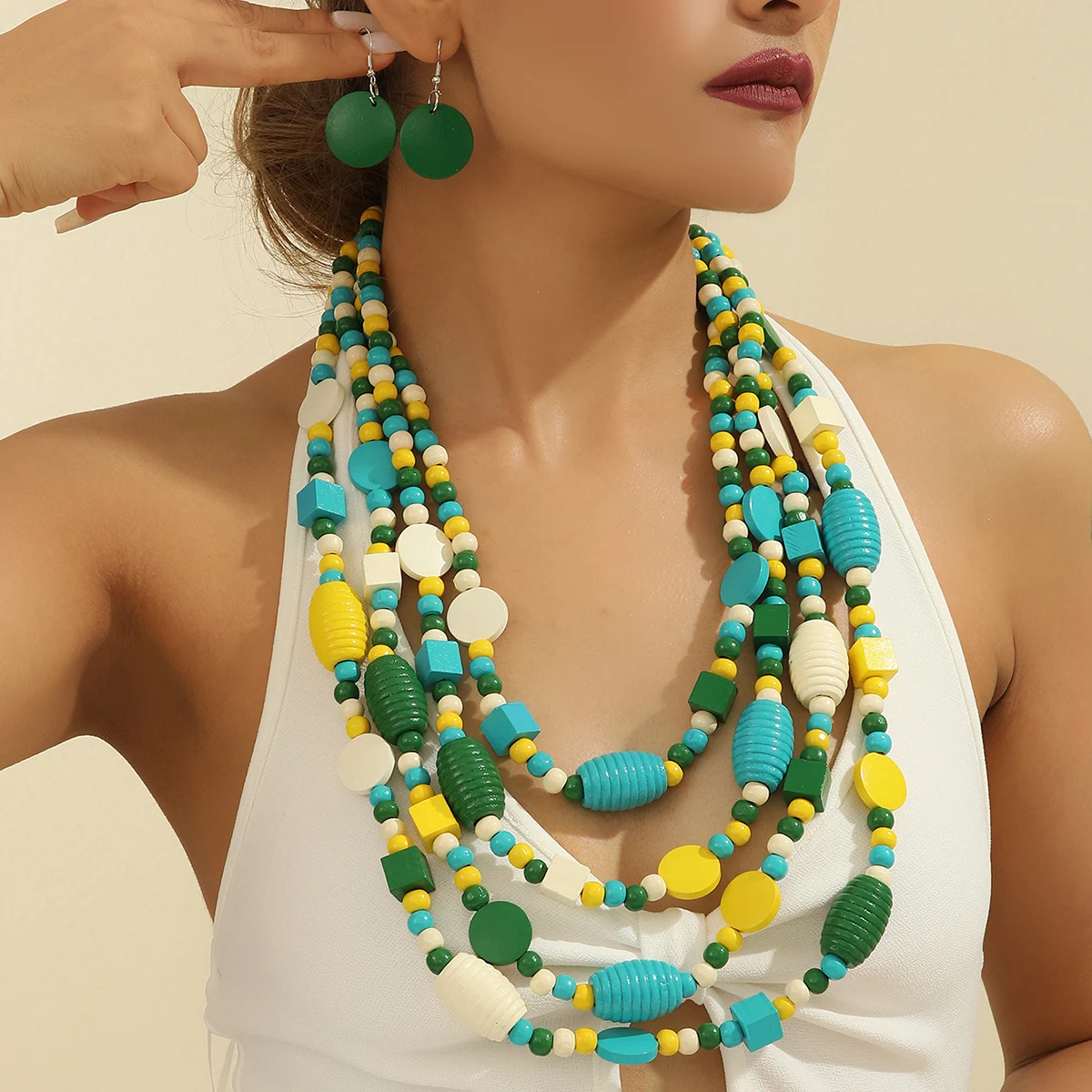 Bohemian Multi-layer Wooden Bead Necklace and Earring Set