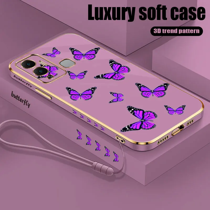 Purple Butterfly Luxury Plating Case For Infinix SMART 6 7 8 ZERO 20 CAMON 18 19 20 POVA 3 4 5 SPARK 7 8 10 GO PRO Cover