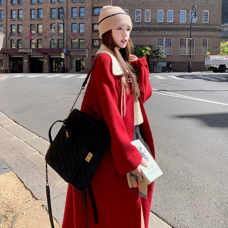 

2025 Autumn New Knit Collar Double Faced Wool Coat Long Fashion Women Outerwear Petite Size