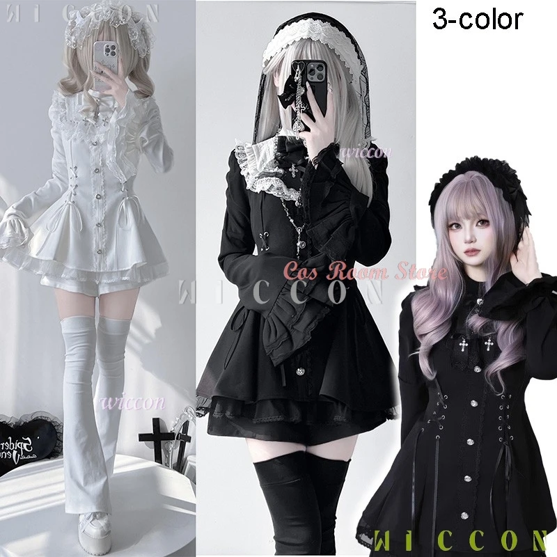 فانتازيا الهالوين جديد جيراي كي الزي لوليتا الفتيات بلوزة فستان السراويل النساء Kawii القوس الأسود Disfraz De Mujer