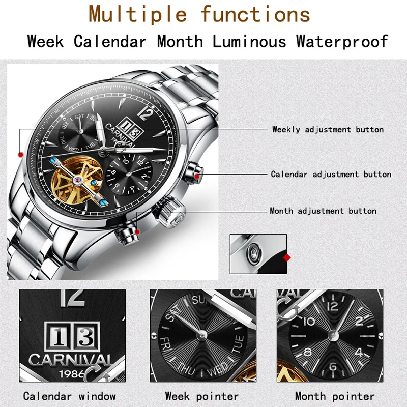 CARNIVAL Automatic Self-Wind Watches Men Luxury Brand Tourbillon Mechanical Watch Luminous Waterproof Date Clock Reloj Hombre