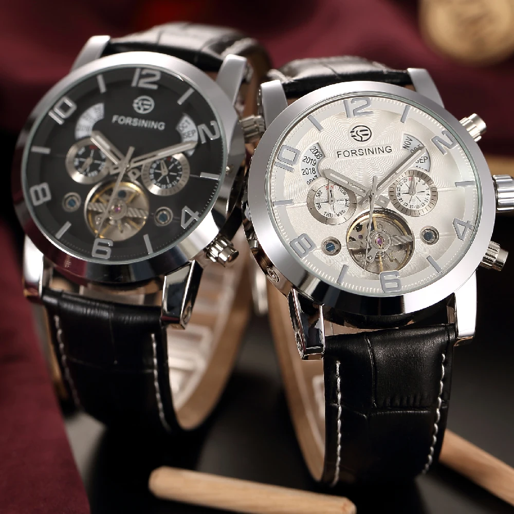 FORSINING Men\'s Watch Automatic Mechanical Date Day Full Calendar Tourbillon Skeleton Luminous Male Business Leather Wristwatch