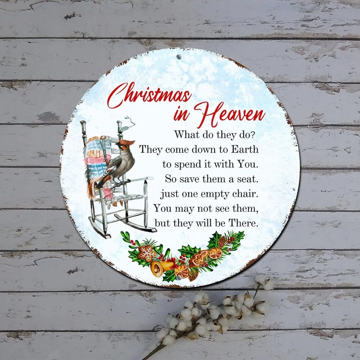 Metal Merry Christmas Sign Christmas in Heaven Cardinalis Quote Round Metal Tin Sign Christmas Door Decor Shabby Metal Sign for