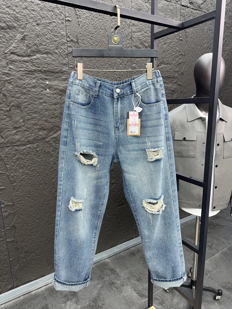 

Autumn Men Retro Ripped Jeans Washed Distress Straight Leg Blue Denim Pants American Casual Fashion Male Loose Trousers