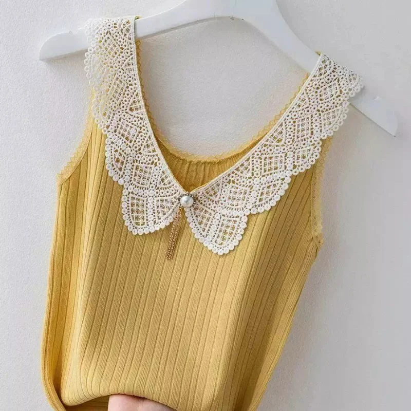 Summer New Ice Silk Tank Top Women Korean Fashion V-neck Solid Patch Lace Pearl Decoration Casual Sexy Sleeveless Bottoming Vest