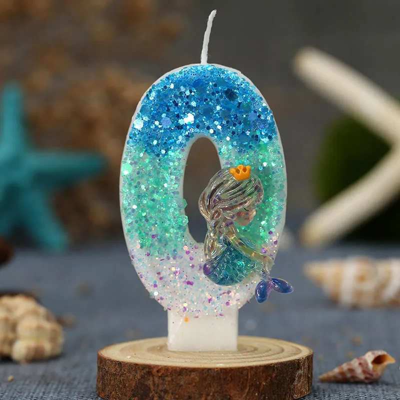 Velas de cumpleaños azul océano para niños, vela de playa con lentejuelas, sirena, fiesta de cumpleaños, decoración de pastel de boda, número 0-9
