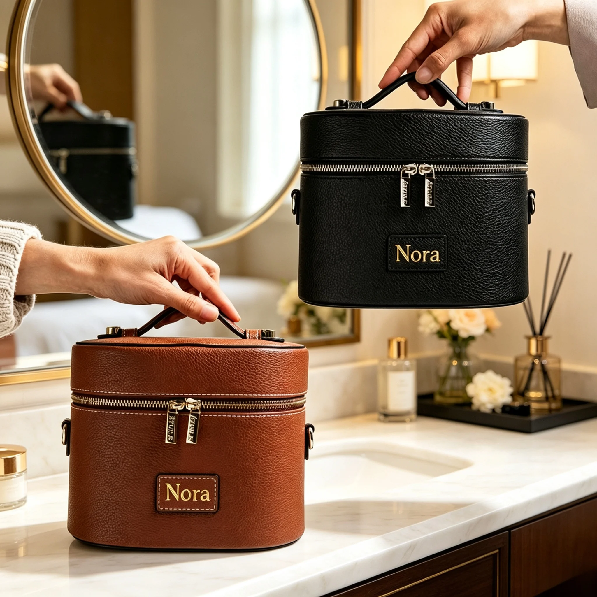 Customized Name PU Leather Cosmetic Bag: Simple, Portable, Crossbody, Hand‑Carry, Large Capacity Gift‑Ready for Travel