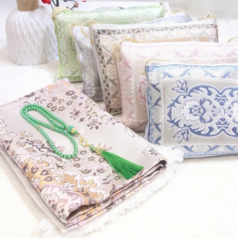 

Muslim Prayer Rug with Prayer Beads and Portable Bag Muslim Gift Islamic Soft Mat Gifts Set Turkish Carpet for Ramadan Eid Hajj