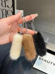Mini Real Mink Fur Key Chains Plush Tail Toy Women Backpack Pendant Car Keyring Trinkets Bag Hang Ornaments Girls Birthday Gift
