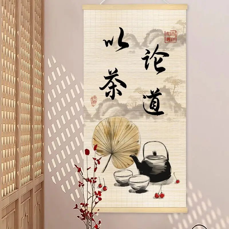 

​Chinese Folk Bamboo Scroll Tapestry Wall Hanging, Tea Ceremony Zen Art for Boutique Hostel Background & Tea Room Decor