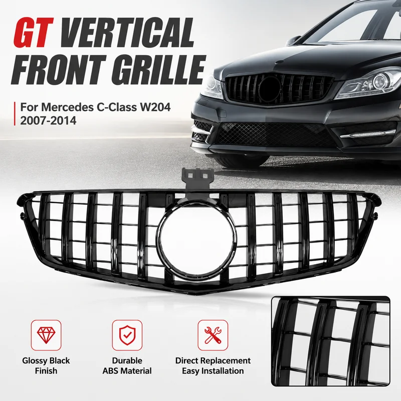 For Mercedes-Benz C-Class W204 2007-2014 GT Vertical Bars Glossy Black Grille Front Bumper Tuning C200 C300 C260