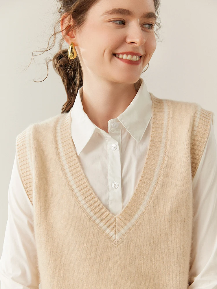 

Soft Comfort Autumn Winter New 100% Pure Cashmere Pullover Vest Women V-neck Preppy Style Knitted Sleeveless Sweater Versatile