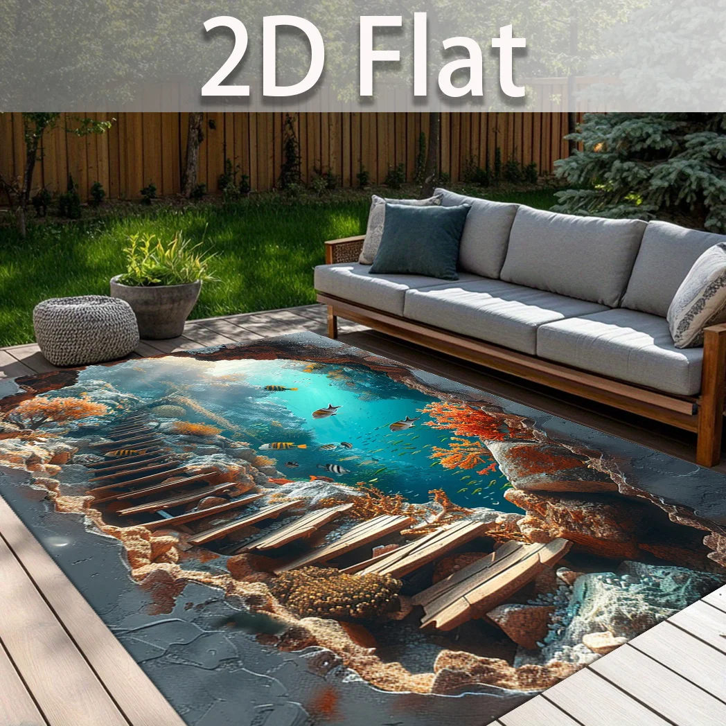 1pc 2D Flat Underwater Cave Wooden Ladder Pattern Area Rug, Rectangular Non‑Slip Home Rug, Suitable for Living Room, Bedroom