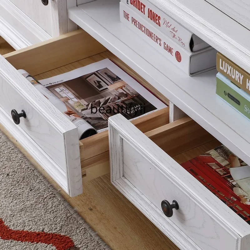 X18 خزانة تلفزيون الريف الأمريكي من الخشب الصلب لغرفة المعيشة، خزانة أرضية بيضاء عاجية، خزانة آديشن قديمة، طراز رعوي من خشب الرماد #3