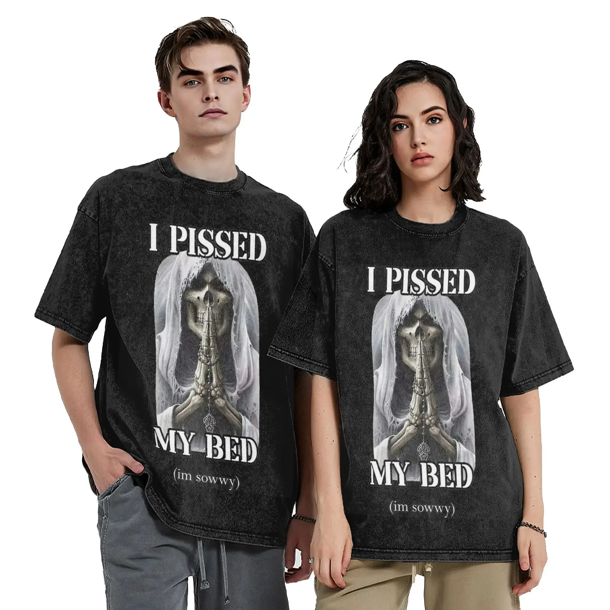 Men Women Vintage Washed T-shirts I Pissed My Bed Badass Skeleton Printed T Shirt Apparel Street Skeletons Skull Meme Tee Shirts