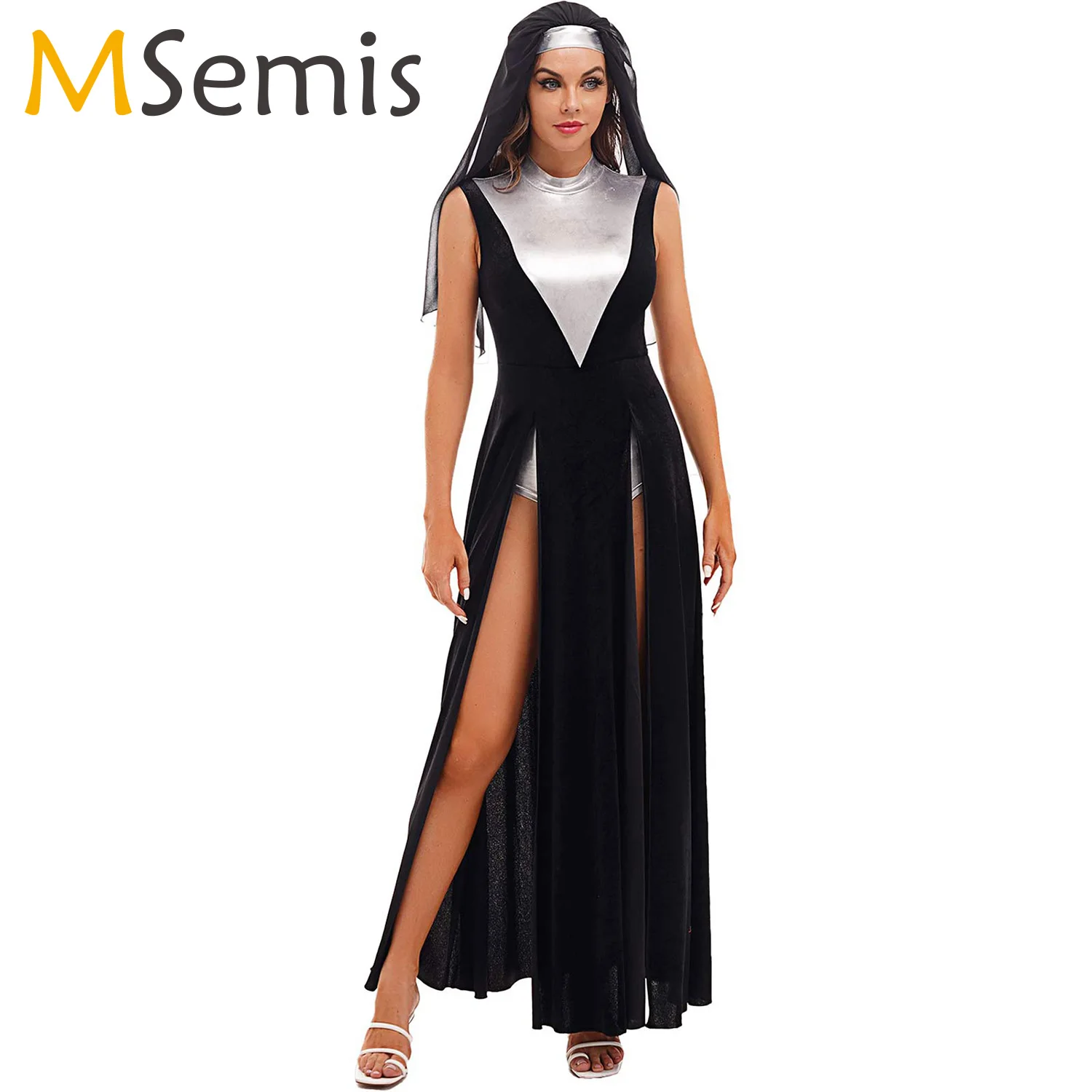 

Women Sexy Black Nun Costume Cosplay Party Fancy Dress with Headscarf Female Adult Lady Halloween Stage Roleplay Outfit Clubwear