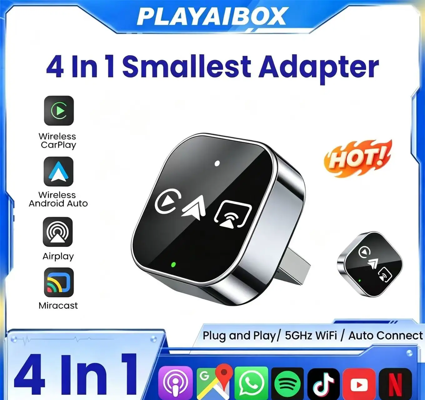 

2026 Upgrade 4 in 1 Wired Wireless CarPlay Android Auto Adapter with Screen Mirroring for iOS CarPlay Android Auto and Mirroring