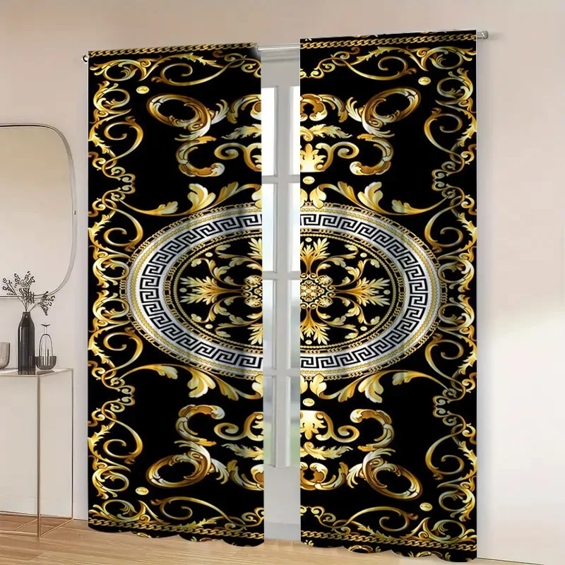 2PC Luxury Blackout Curtains, Gold Greek Key Pattern,Elegant Damask Drapes for Living Room & Bedroom,Classic European Home Decor