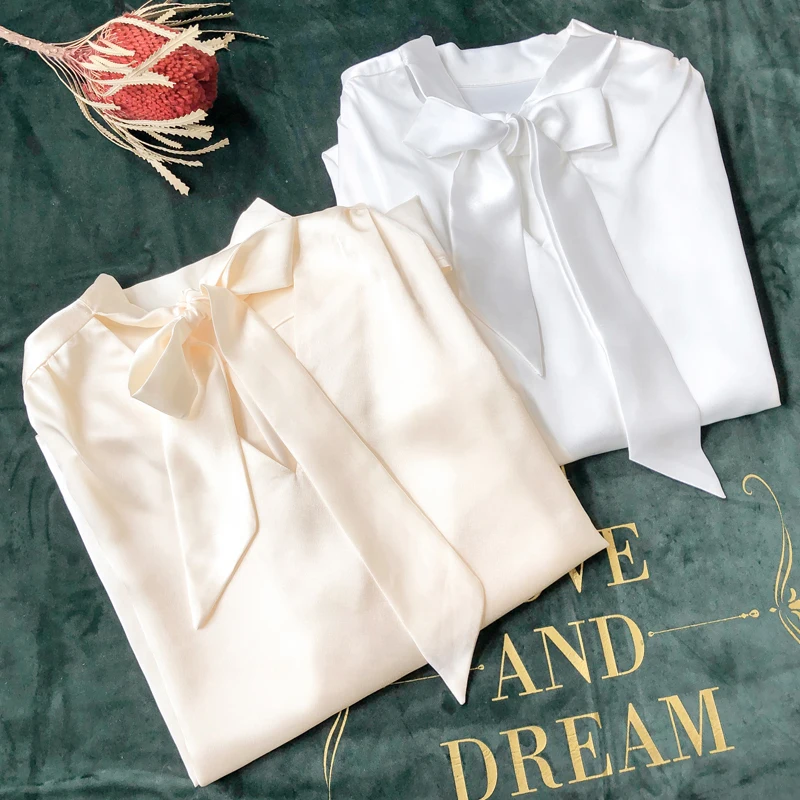 

Ele Acetate Satin Long Sve Women's Blouse Underwear Top Knot Chiffon irt Vintage Sle Bubble Sve V-ne