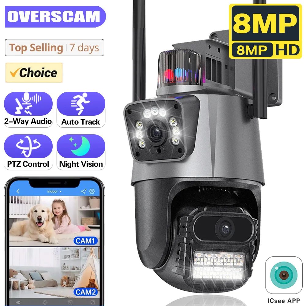 Dual Lens PTZ 8MP 4K Outdoor Wifi Camera with Anti-theft Siren Alarm Speed Dome Ai Human Detect P2P Video Surveillance iCSee