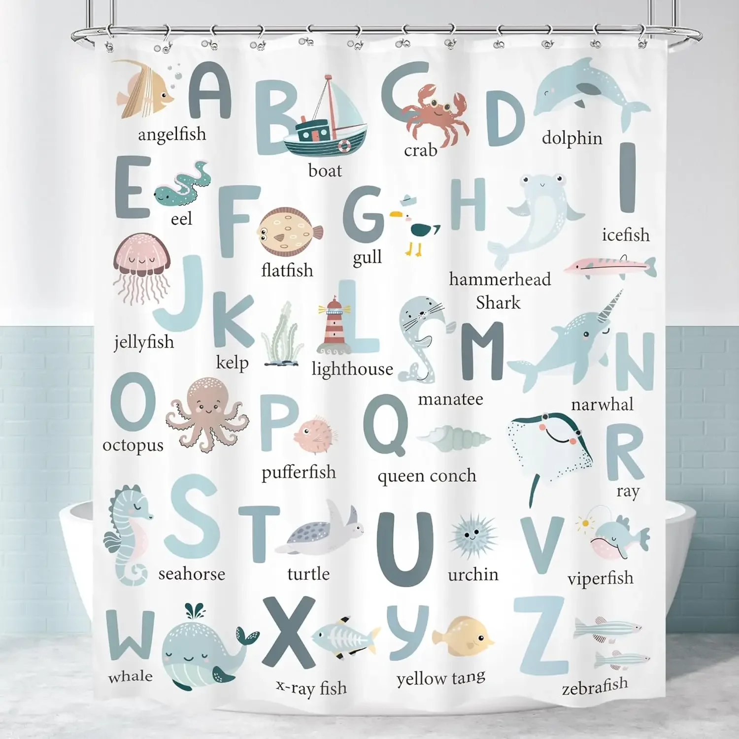 Kids Shower Curtain Cute Cartoon Alphabet ABC Sea Animal Blue Educational Ocean Bathroom Curtain Set Baby Boys Girls BathCurtain