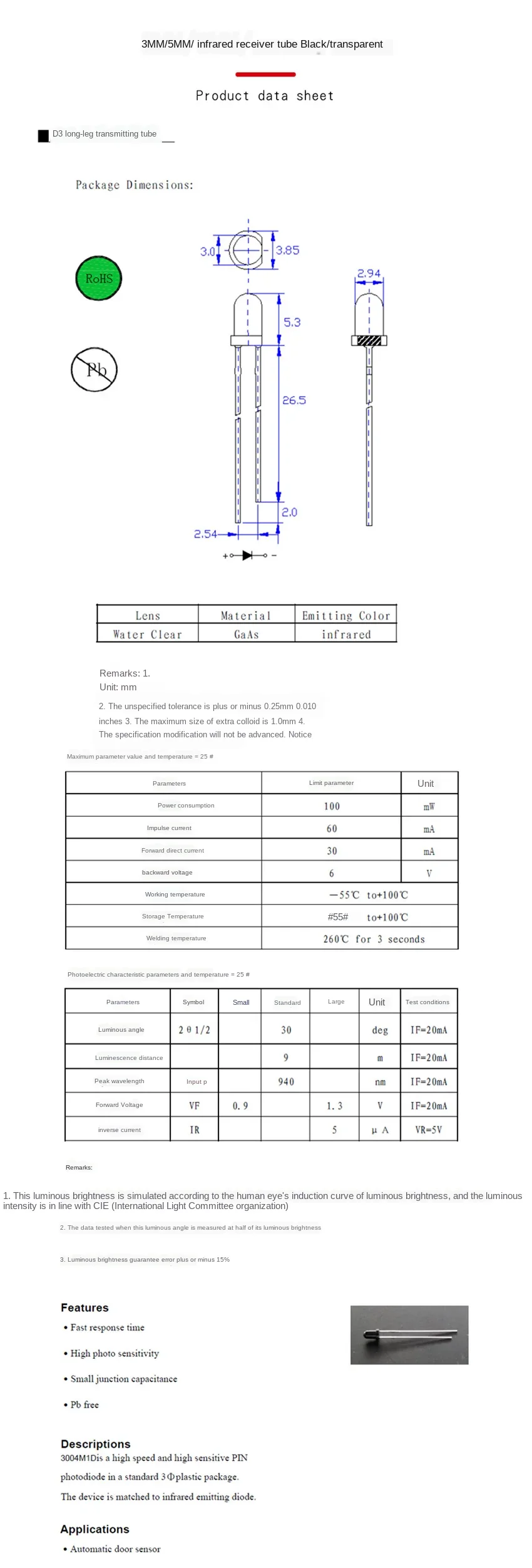 100PCS 3mm 5mm Photosensitive Receiving Diode LED Photoelectric Sensor Switch Natural Light To Accept Light Brightness Detection