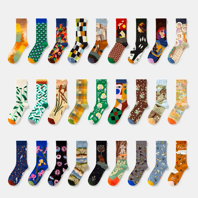 

Women Long Sock French Retro Style Women's Oil Painting Socks Creative Combed Cotton Women's Knee-High Socks Comfortable